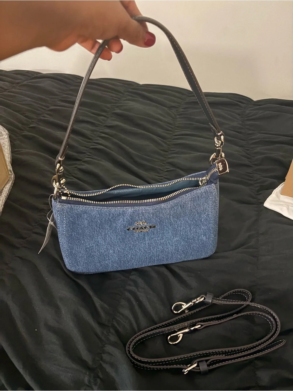 Coach Denim Mini Zip Shoulder Bag - Dark Blue with Silver Hardware